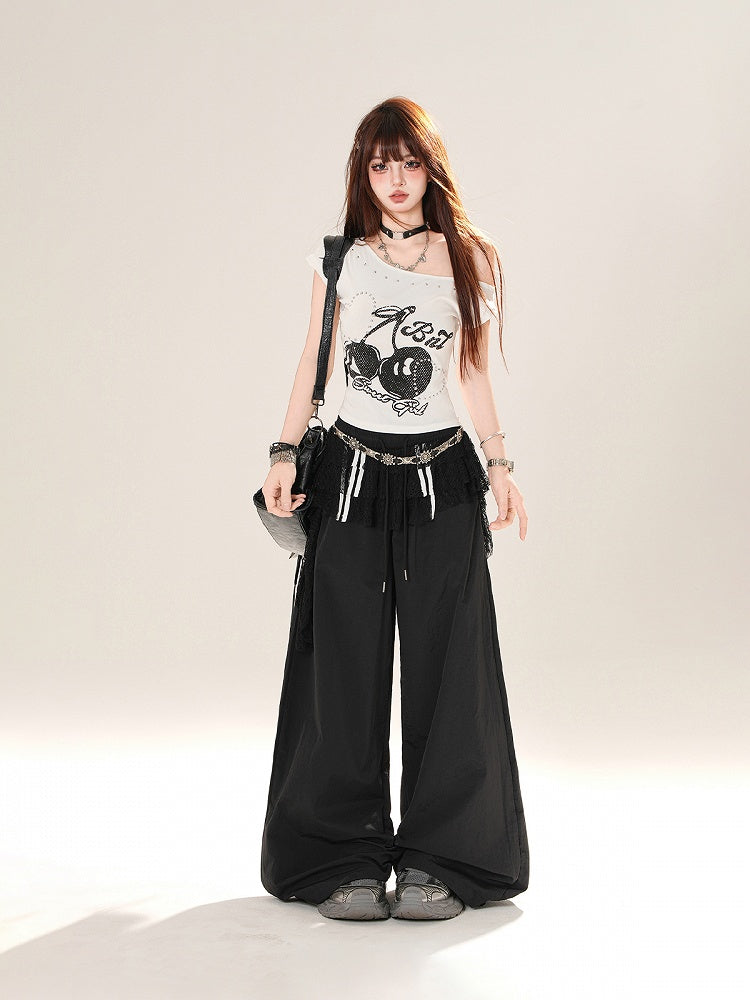 Black Elastic Waist Wide-leg Casual Pants with Lace Waist Accessory
