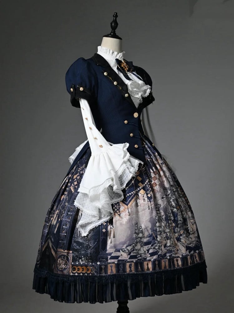 Dark Blue Blazer Collar Short Puff Sleeves Split-Tail Top