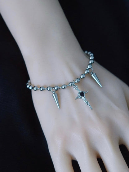 Silver&Black Gothic Cross And Studs Charm Bracelet