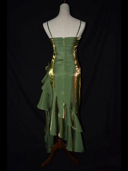 Grass Green Vintage Floral Dress Asymmetrical Hem Prom Gown