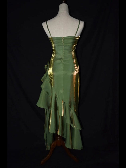 Grass Green Vintage Floral Dress Asymmetrical Hem Prom Gown