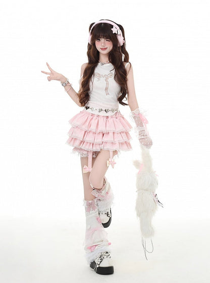 Y2K Red/Pink/Black Lace Trim Glamorous Tiered Skirt with Detachable Bowknot