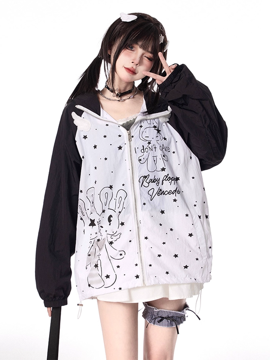 Kitty Ears Design Hood Cartoon Print Black/Green Colorblock Zip-up Jacket