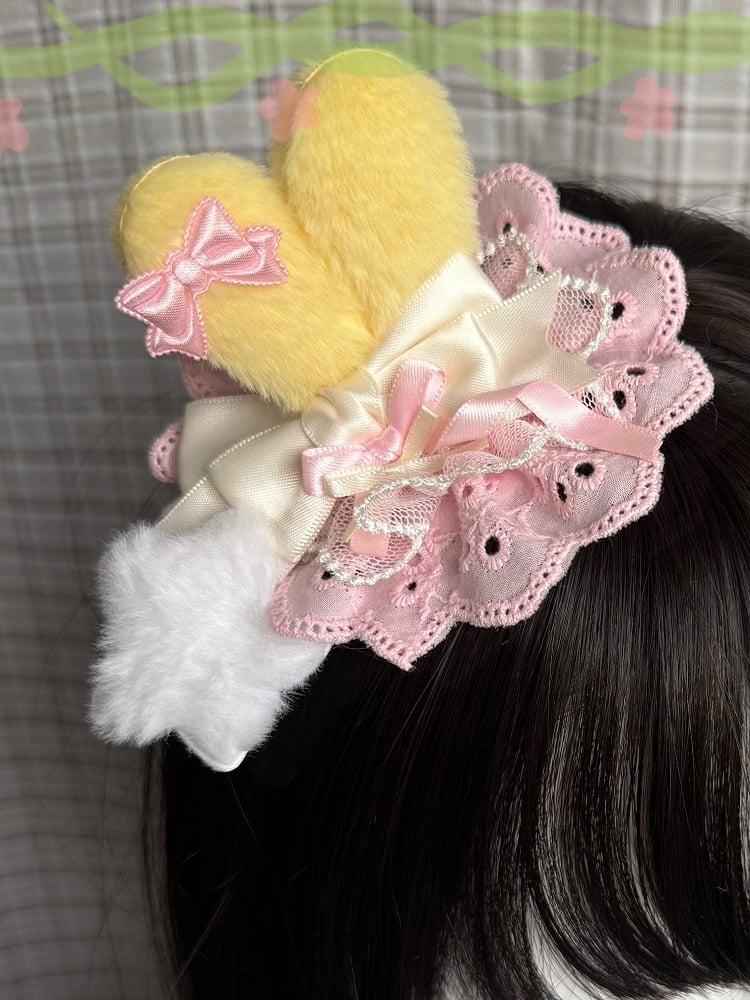 3 Color Options Bowknot Details Plush Bunny Ear Hairclip With Plush Star