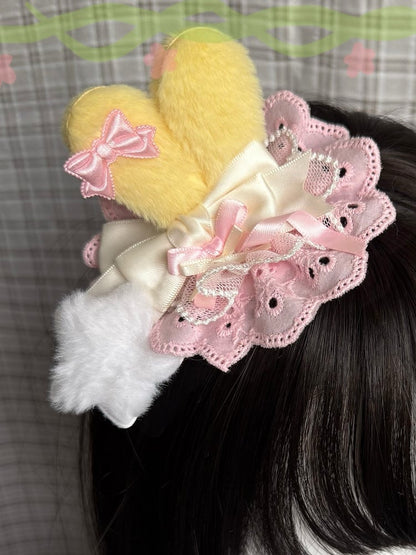 3 Color Options Bowknot Details Plush Bunny Ear Hairclip With Plush Star