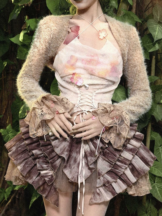 Camel Lace Flounce Cuffs Spring Long Sleeves Cropped Top