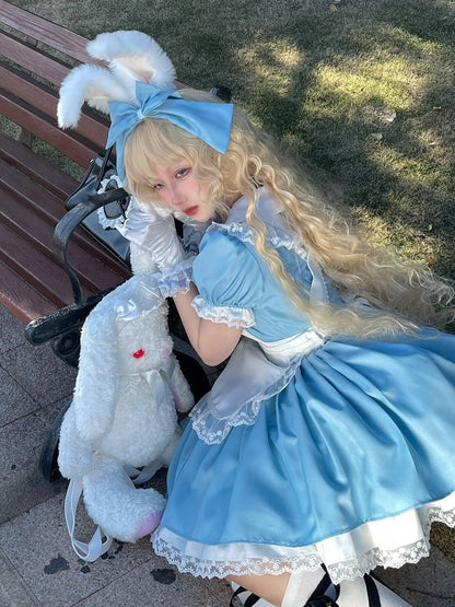 Plus Size Friendly Blue Short Version Maid One Piece + Apron Alice in Wonderland Vibes