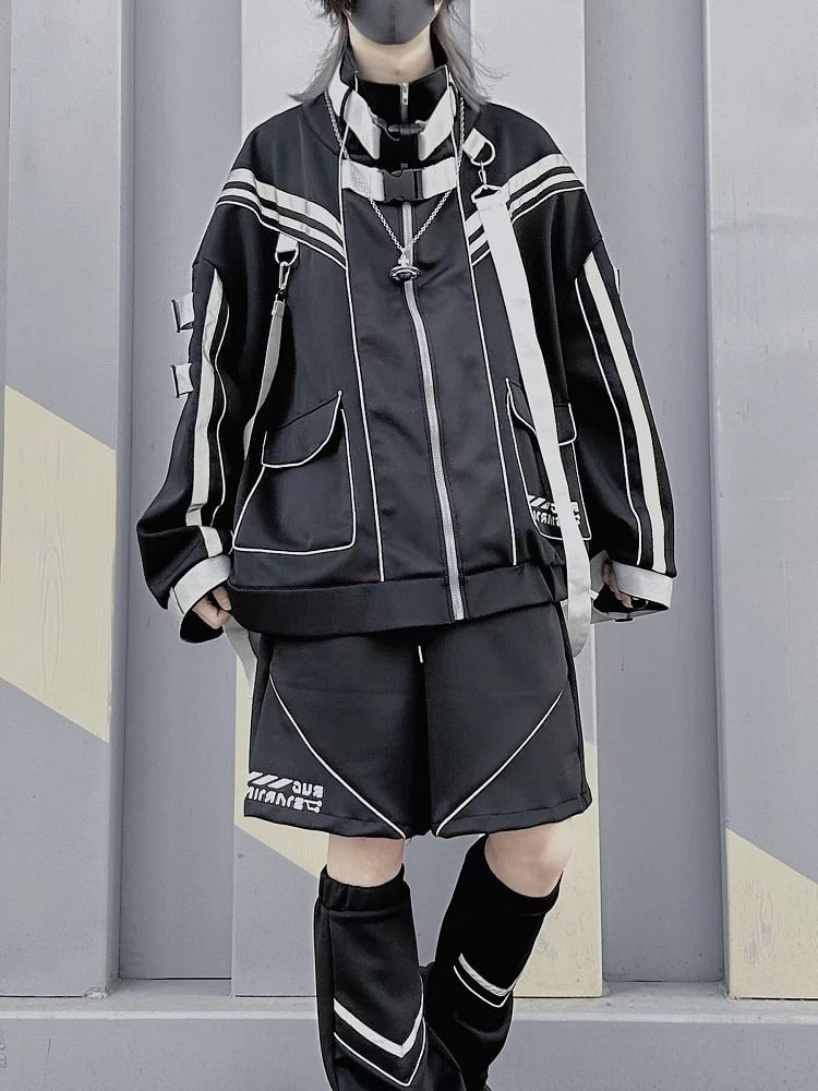 Black Futuristic Cyberpunk Buckle Strap Jersey Maid Jirai Kei Full Set