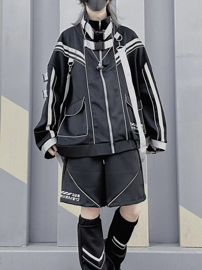 Black Futuristic Cyberpunk Buckle Strap Jersey Maid Jirai Kei Full Set