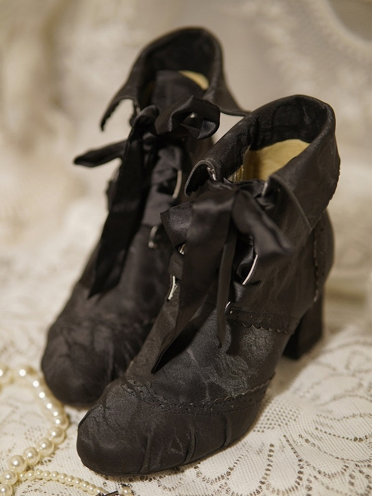 Mid-Heel Elegant Black Lolita Boots - Foldable Cuff with Inner Zip & Lace-Up Design