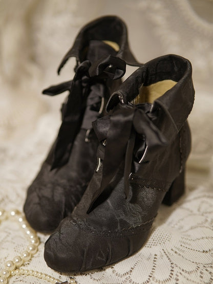 Mid-Heel Elegant Black Lolita Boots - Foldable Cuff with Inner Zip & Lace-Up Design