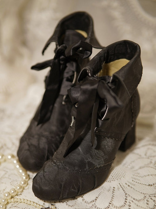 Mid-Heel Elegant Black Lolita Boots - Foldable Cuff with Inner Zip & Lace-Up Design