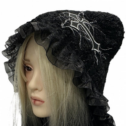 Y2K Black Cross Applique Lace Trim Punk Knit Hat