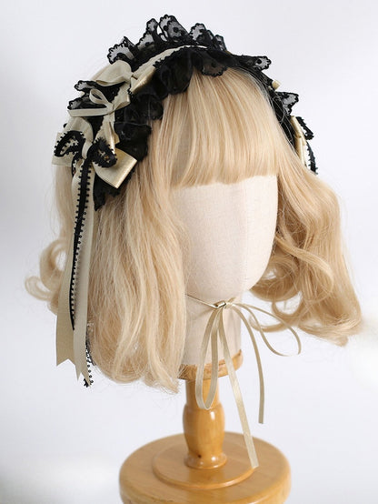 Black&Gold Sweet Lolita Bowknot Details Polka-dot Pattern Ruffled Hairband
