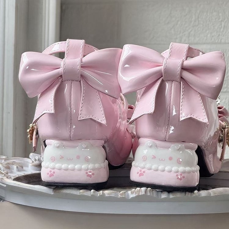 Sweet Lolita Pink Mary Janes - Bear-shaped Heel with Layered Bows at Top & Teddy Bear Decor Buckle
