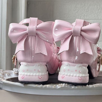 Sweet Lolita Pink Mary Janes - Bear-shaped Heel with Layered Bows at Top & Teddy Bear Decor Buckle