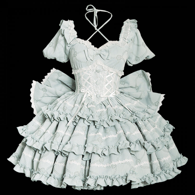 Green Corset Waist Dress Ruffle Skirt Princess Lolita OP with Big Bow at Back