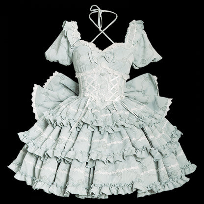 Green Corset Waist Dress Ruffle Skirt Princess Lolita OP with Big Bow at Back