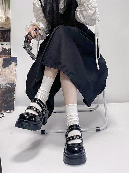 Black Heart-shaped Silver-toned Grommet Studs Platform Block Heel Mary Janes