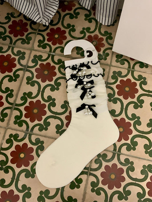 White/Black/Gray Beaded Charm Bowknot Details Calf Socks