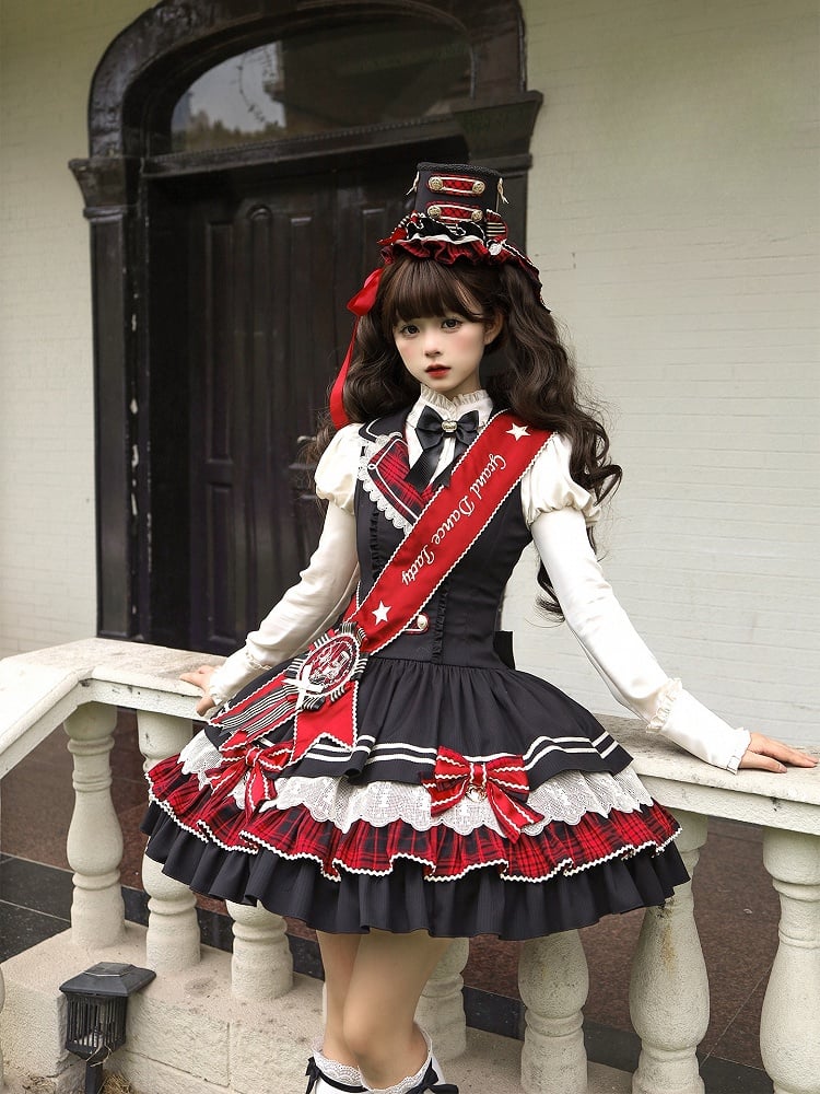 Preppy Style Black & Red Plaid Notched Collar Lolita Dress with Lace Trim and Bow Accents