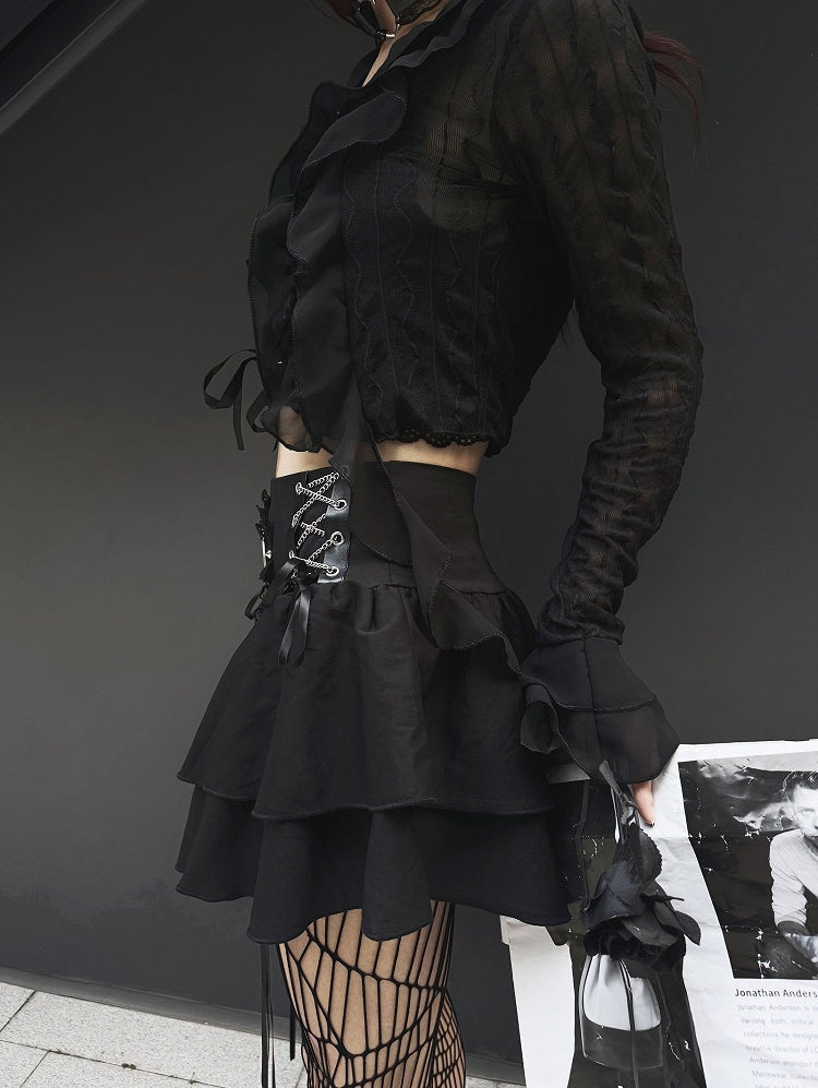 Punk Dragon Adorned Black Tiered Skirt Criss-cross Chain Design