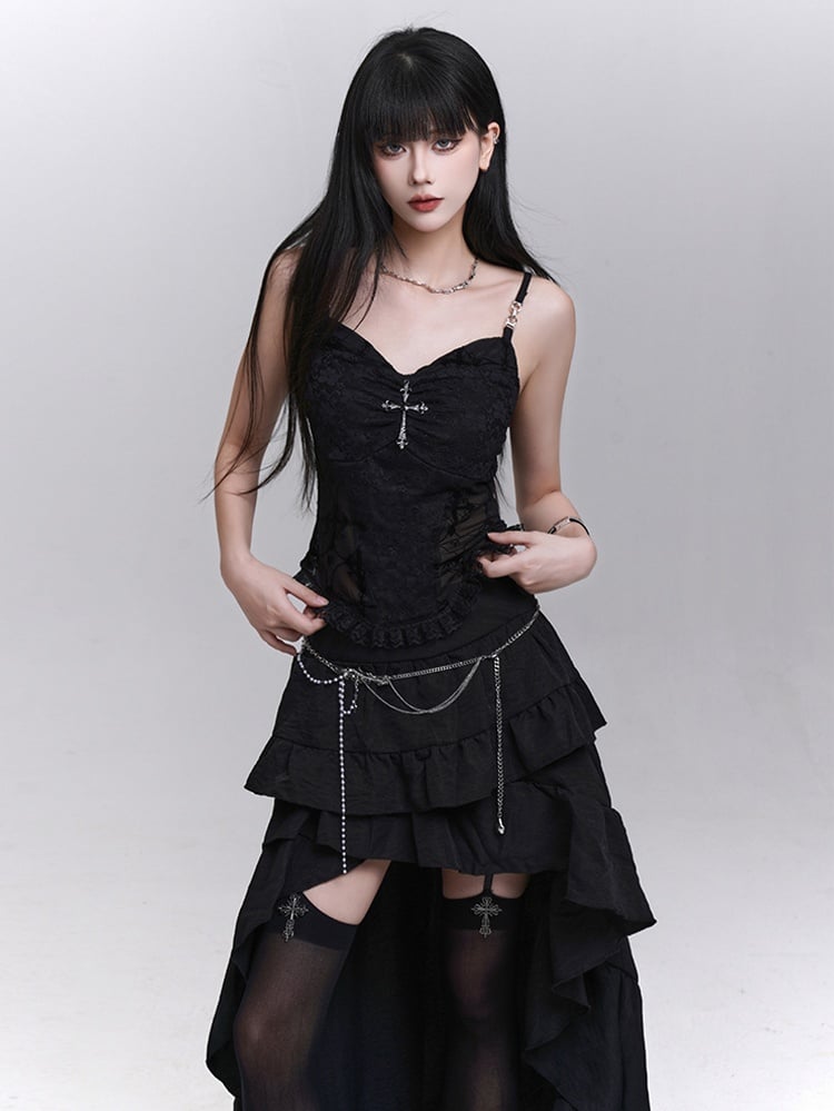 Black Lace Patches Waist Cross Decorated Cami Top with Beaded Chains