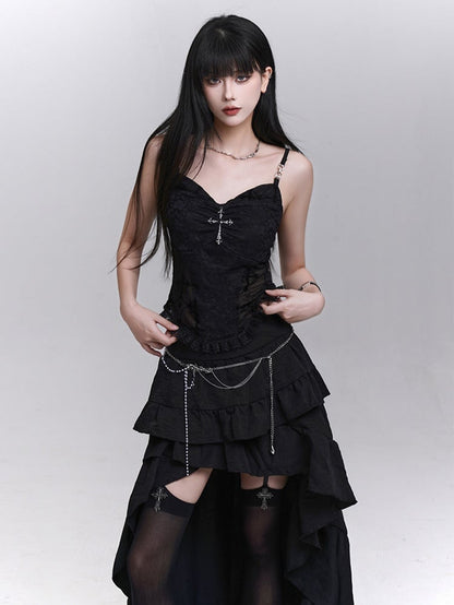 Black Lace Patches Waist Cross Decorated Cami Top with Beaded Chains