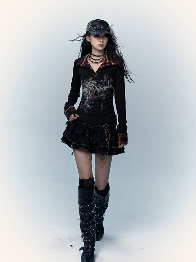 Black  Lace-up Details Lace Trim Tiered Skirt