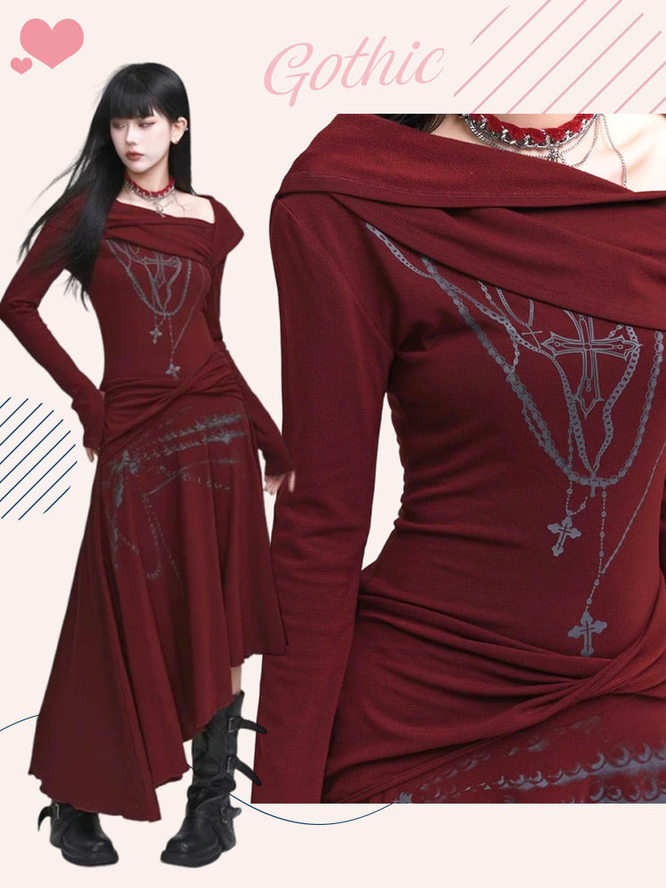 Wine Red Asymmetrical Neckline and Hem Twist Detail Cross Print Dress