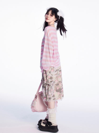 Asymmetrical Neckline Puppy Print Blue/Pink Striped Semi-sheer Coverup