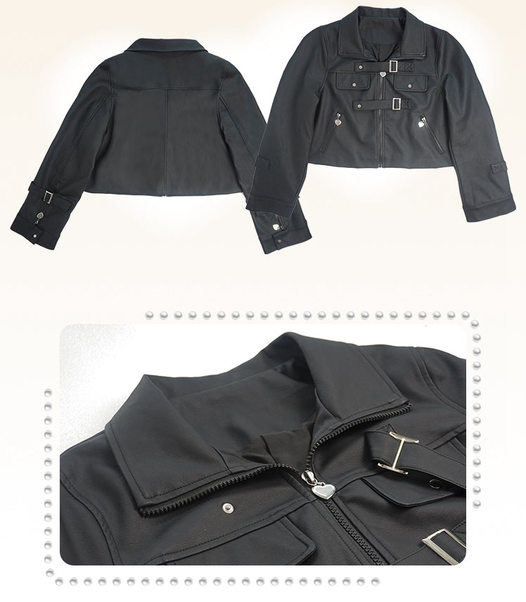 Plus Size - Black Buckles Decorated PU Jacket