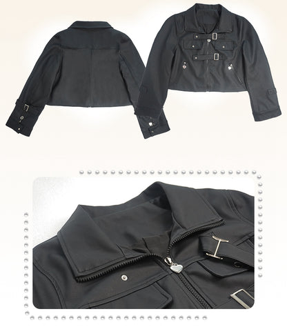 Plus Size - Black Buckles Decorated PU Jacket
