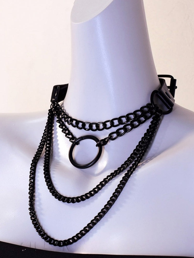 Black Cyberpunk Buckle Necklace + Silver Necklace
