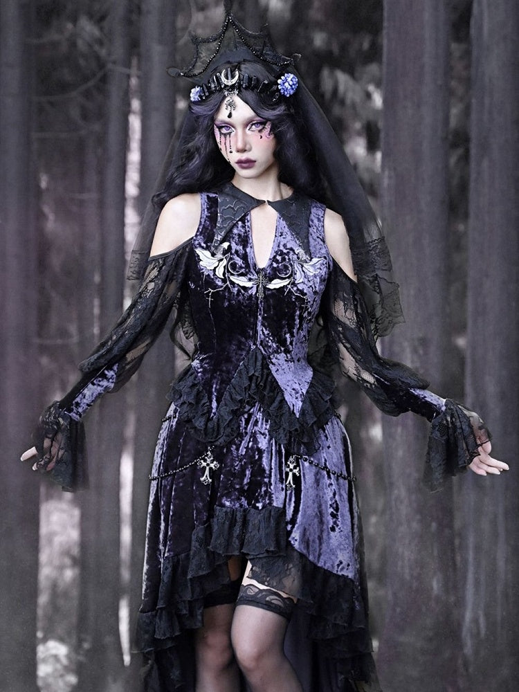 Gothic Velvet Embroidered Open Shoulder Top Double Layered Lace Hem