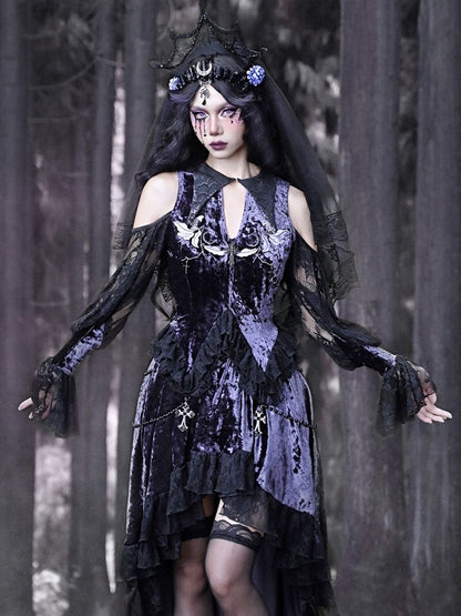 Gothic Velvet Embroidered Open Shoulder Top Double Layered Lace Hem