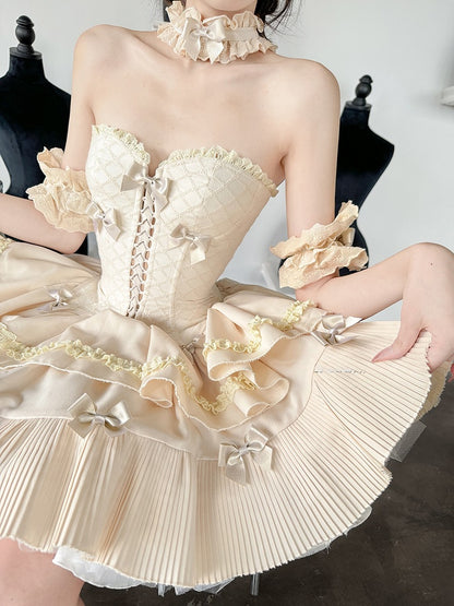 Cream-colored Sweet Lolita Diamond Pattern Corset Top + Skirt + Choker + Wrist Cuffs + KC Full Set