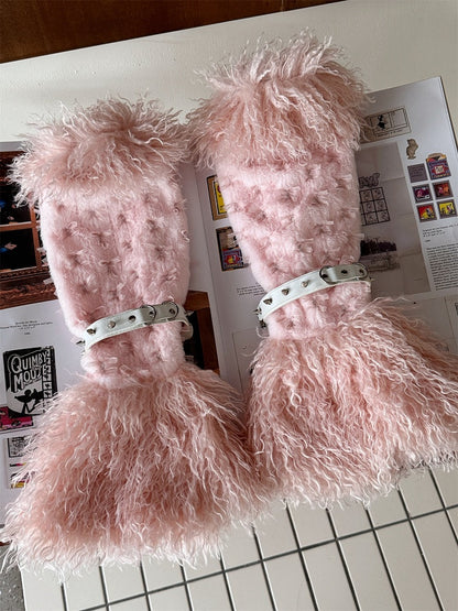 Pink Bowknot Stud Buckle Strap Shaggy Leg Warmers