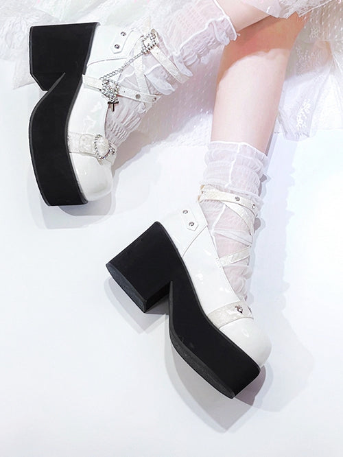 Rhinestoned Heart Design White Jirai Kei Buckle Ankle Strap Platforms with Cross Chain