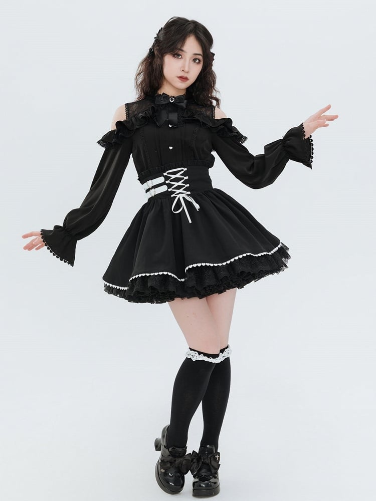 Jirai Kei Buckles and Lace-up High Waist Black Skirt US Size
