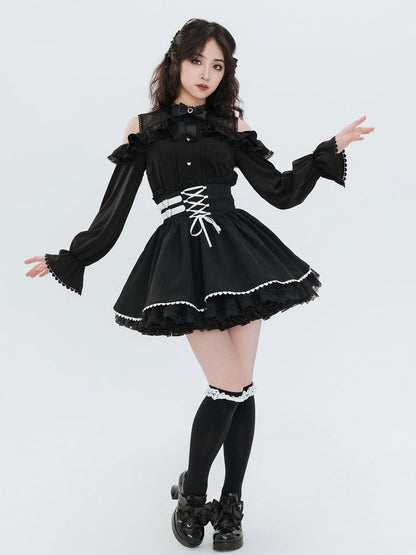 Jirai Kei Buckles and Lace-up High Waist Black Skirt US Size