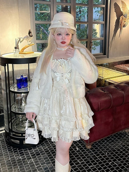 Plus Size Bead Details White Winter Coat