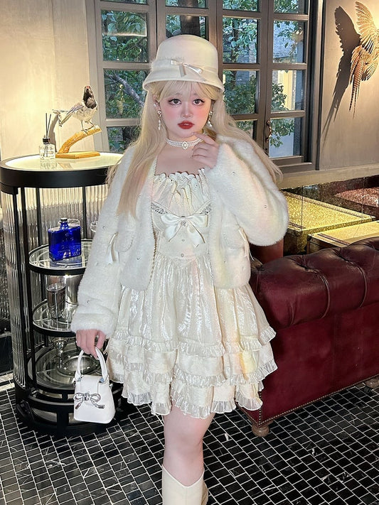 Plus Size Bead Details White Winter Coat