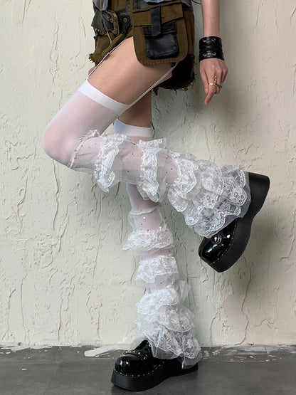 White Y2K Multiple Layers Lace Trim Leg Sleeves
