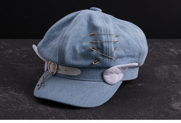 Handmade Heart Buckle and Wings Light Blue Denim Hat