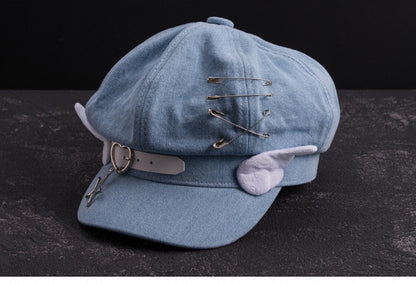 Handmade Heart Buckle and Wings Light Blue Denim Hat