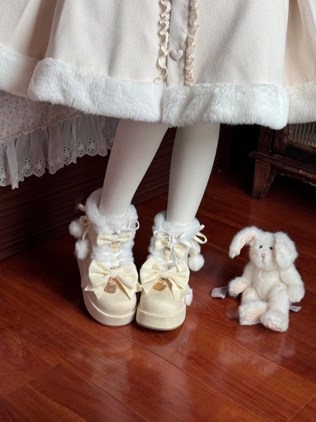 Sweet Lolita Yellow Platform Snow Boots - Pompom Charm, Bow Details & Furry Lining