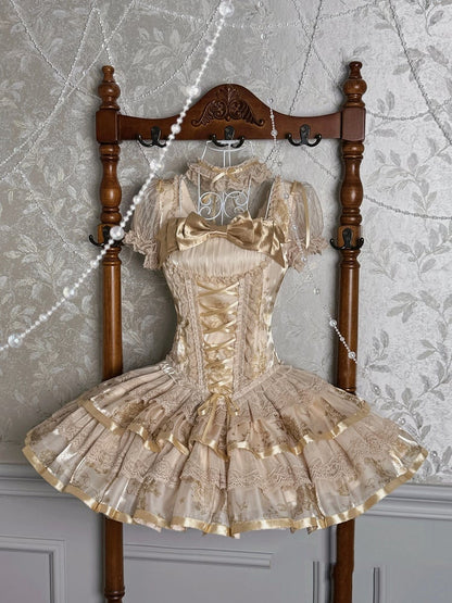 Bunny and Kitty Print Champagne Short Puff Sleeves Lolita Corset Dress