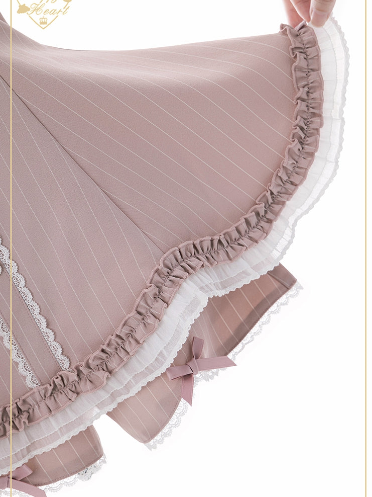 Pink Striped Jirai Kei Set: Scalloped Edge Trim Lace-up Back Top+ Shorts+ Bowknot Brooch