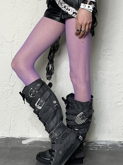 Purple Y2K Rhinestone Fishnet Tights